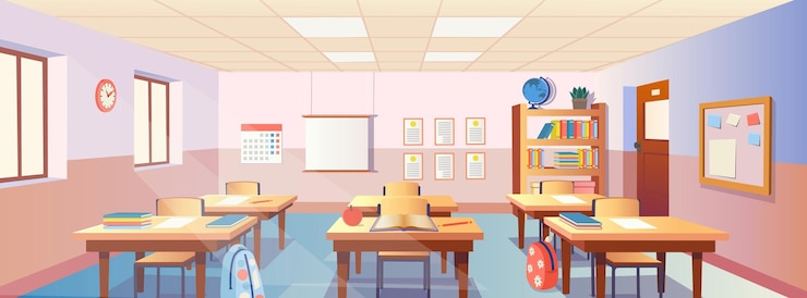 Vetor interior da sala de aula dos desenhos animados com vista nas carteiras da escola com a porta da estante de cadeiras e a janela.