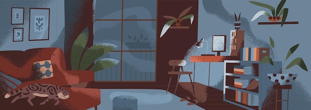 Interior da sala de estar à noite Apartamento com plantas de móveis e janela no escuro Dentro de uma casa aconchegante com sofá e gato dormindo Sala de estar à noite Ilustração vetorial plana texturizada colorida