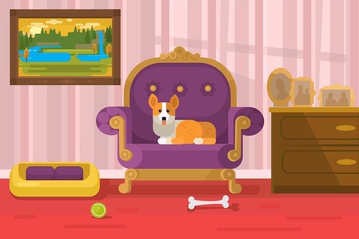 Vetor interior da sala de estar com cachorrinho fofo de estimação no sofá