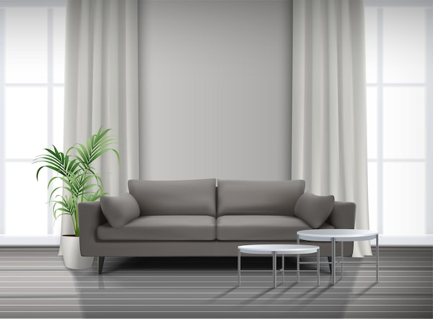 interior da sala de estar com cortinas, sofá e mesinhas de centro