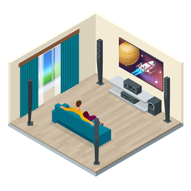 Interior da sala de estar com sistema de home theater moderno. Digital criado e de alta resolução rendido. Ilustração isométrica em vetor sistema de home theater.