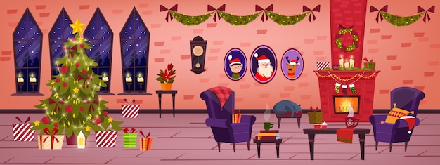 Interior da sala de estar do feriado de natal com lareira de tijolos, árvore de natal decorada, presentes, poltrona