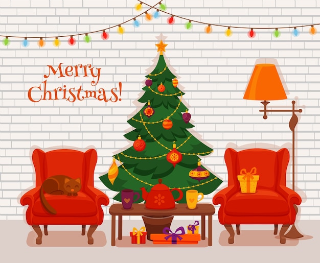 Interior da sala de Natal em estilo simples de desenho animado colorido