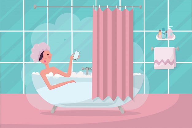 Interior de casa de banho com cortina, toalha e vapor. menina no tampão de chuveiro que toma um banho completamente da espuma do sabão. menina de relaxamento no banheiro com smartphone. ilustração plana dos desenhos animados