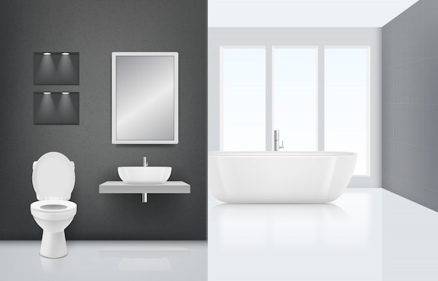 Vetor interior de casa de banho moderna. cabine de lavagem da pia do vaso sanitário no interior elegante do banho fresco e branco de luxo. realista limpo