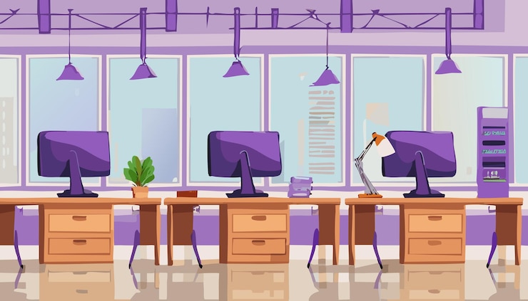 Vetor interior de escritório com computador de mesa e lâmpada ilustração vetorial em estilo plano