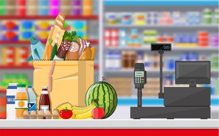 Vetor interior de loja de supermercado com mercadorias.