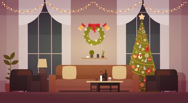 Vetor interior de natal em casa com pinheiro, decoração de sala de estar para o ano novo