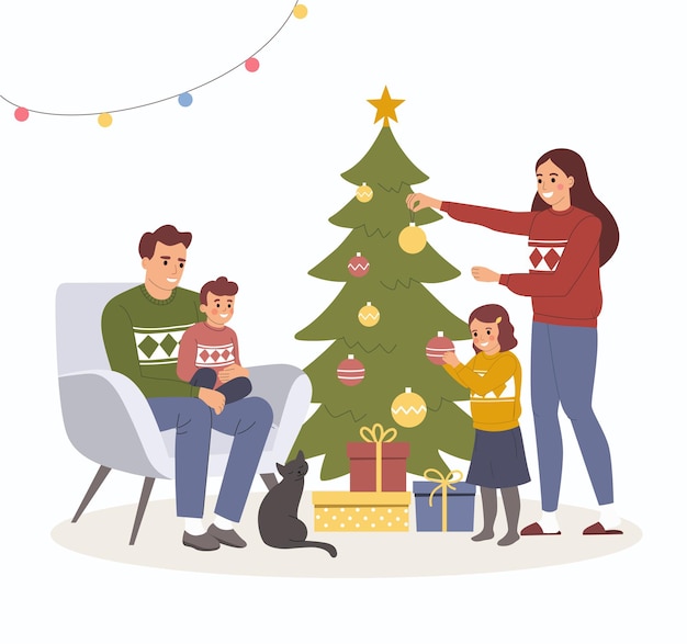 Vetor interior de natal. família perto da árvore de natal e decoração. ilustração em vetor estilo simples dos desenhos animados