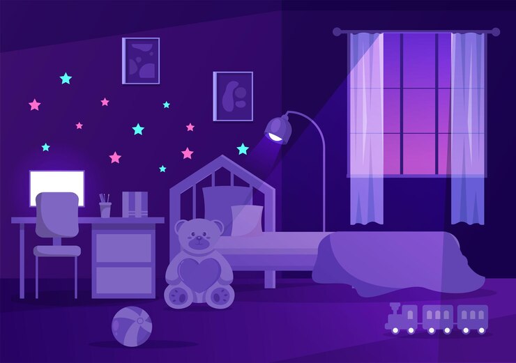 Vetor interior de quarto aconchegante à noite com móveis em estilo moderno em ilustração vetorial de desenho animado