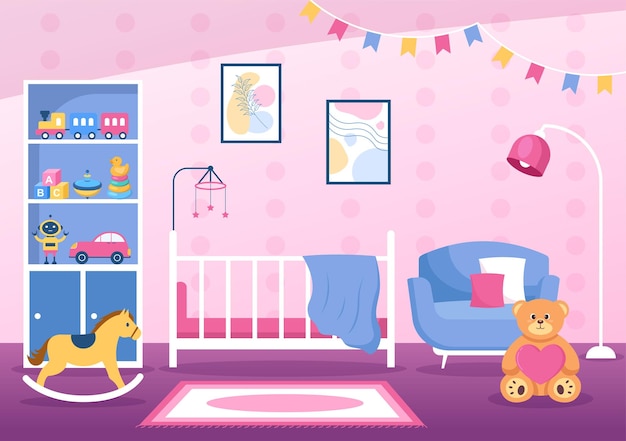 Vetor interior de quarto de crianças aconchegante com móveis em estilo moderno em ilustração vetorial de desenho animado