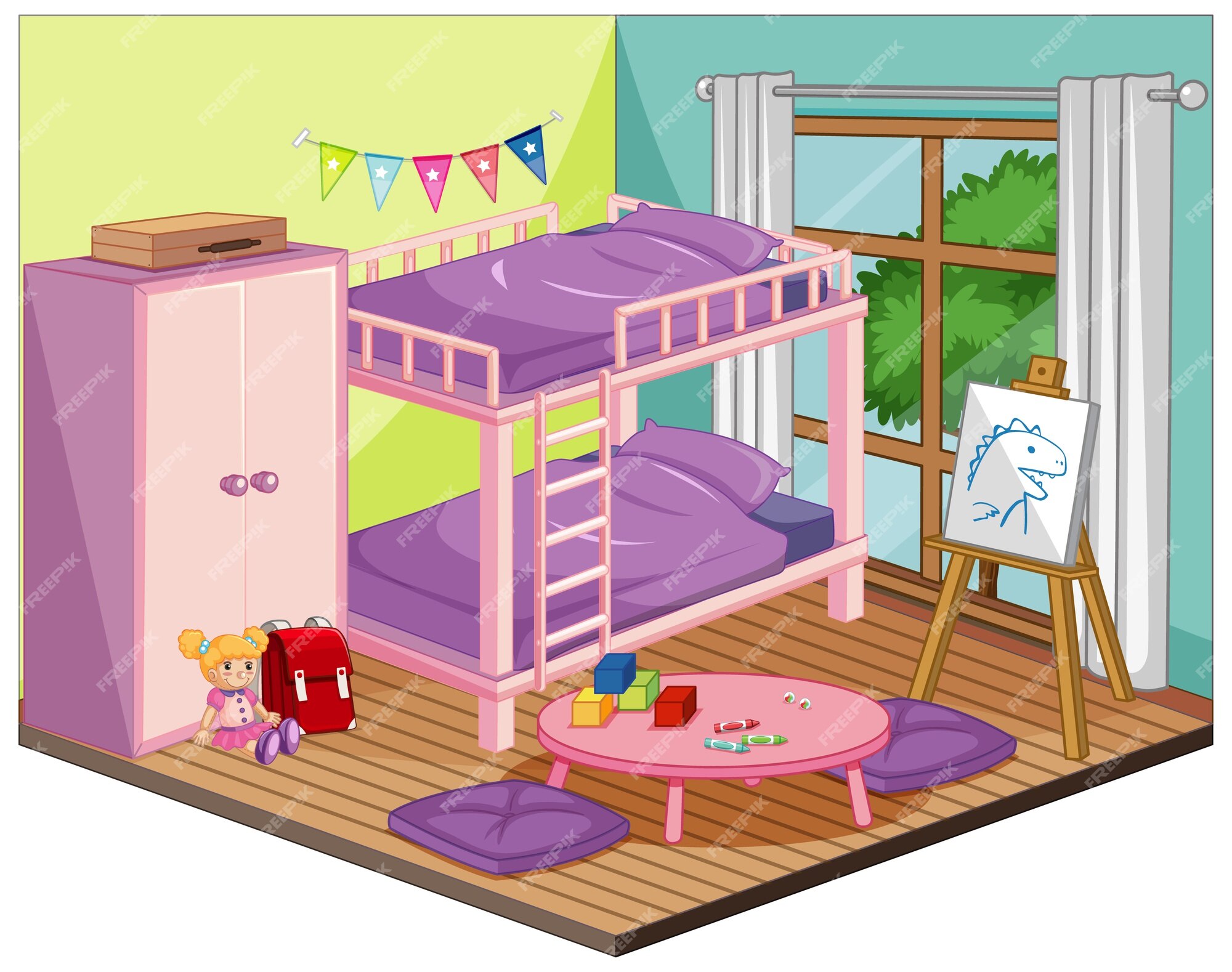 Menina Da Sala Da Cama Da Sala De Jogos Feminino Interior Da Criança Da  Mobília Da Decoração Do Armazenamento Dos Brinquedos Do a Ilustração do  Vetor - Ilustração de mesa, fêmea: 141551422