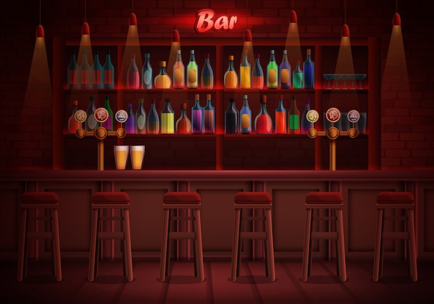 Vetor interior de um pub com cadeiras e uma variedade de álcool, ilustração