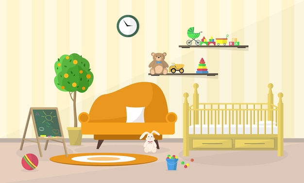 Interior de uma sala de jogos para crianças com um sofá de berço e brinquedos Sala para jogos e desenvolvimento