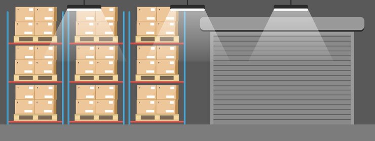 Vetor interior do armazém com caixas em um rack e uma empilhadeira vetor plano