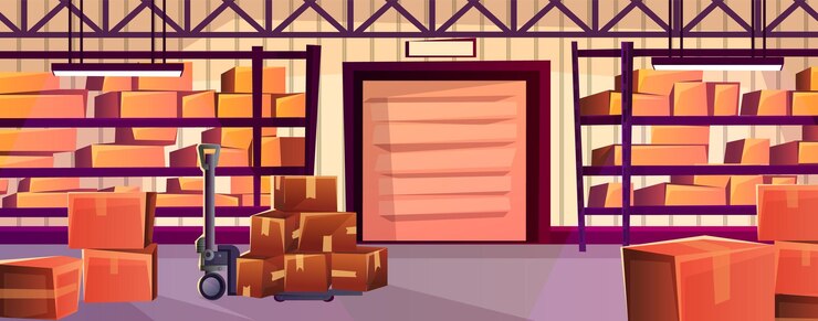 Vetor interior do armazém dos desenhos animados com rack de empilhadeira com prateleiras de caixas de papelão com mercadorias várias parcelas armazém interior industrial lotado armazenamento logística entrega vetor ilustração