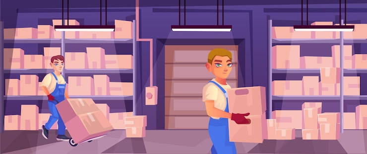 Vetor interior do armazém dos desenhos animados com trabalhadores em terno de caldeira segurando parcelas rack com caixas de papelão prateleiras com vários bens lotados armazenamento logístico entrega vetor ilustração