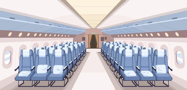 Interior do avião com assentos e corredor em perspectiva. dentro do avião de ar vazio moderno. aeronave com cadeiras reclináveis e janelas. salão de avião de passageiros. ilustração vetorial plana colorida