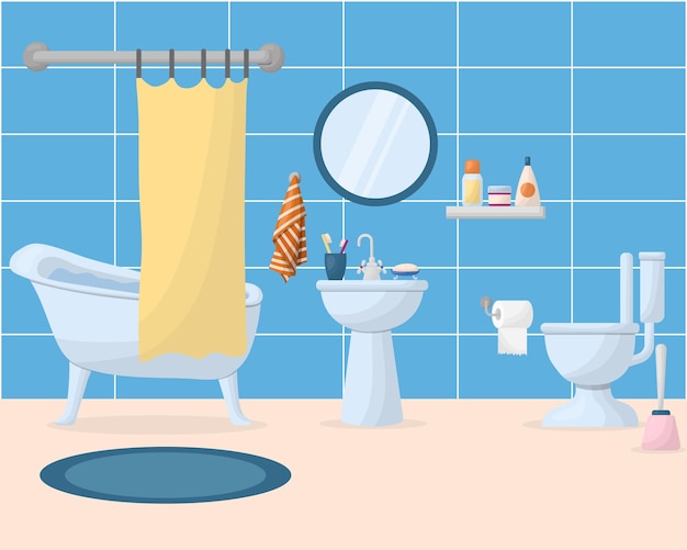 interior do banheiro com móveis itens interiores para casa uma banheira um espelho redondo um lavatório uma ilustração vetorial de banheiro em um estilo plano