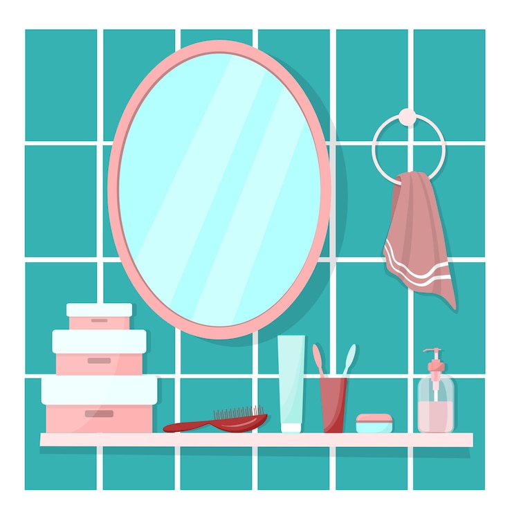 Vetor interior do banheiro. espelho para banheiro com prateleira. ilustração vetorial plana