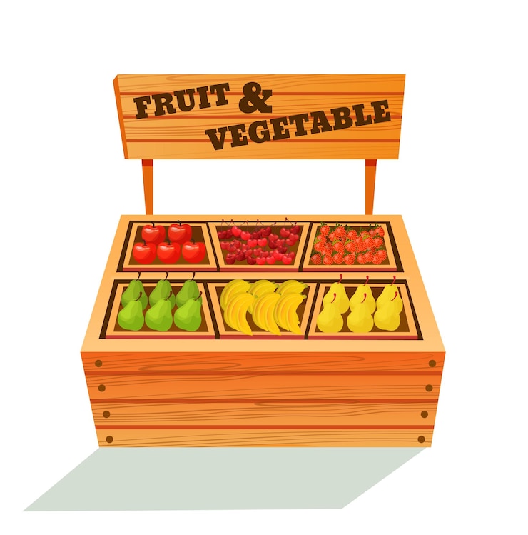 Vetor interior do centro comercial da loja com balcões de mercearia com frutas e legumes frescos com sinais de venda loja de produtos alimentares balcão do shopping com ilustração vetorial de alimentos