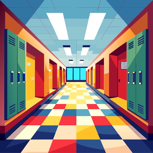 Vetor interior do corredor da escola com portas e armários ilustração vetorial