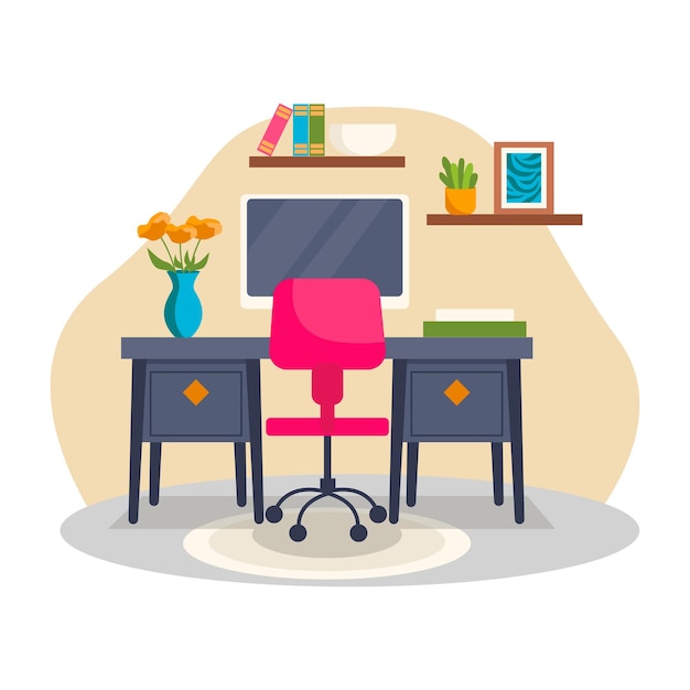 Interior do escritório. Área de trabalho, computador, poltrona, tapete, planta, prateleiras, livros, vaso de flores.