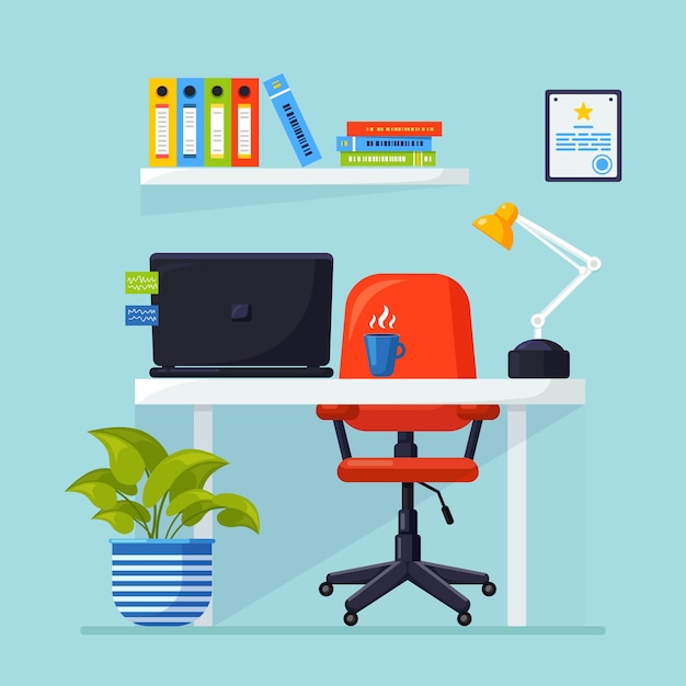 Interior do escritório com mesa, cadeira, computador, laptop, documentos, abajur. Local de trabalho para trabalhador, empregado.
