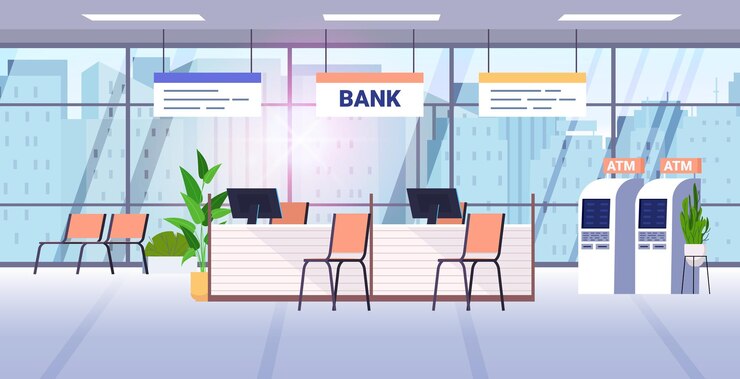 Vetor interior do escritório do banco com caixa eletrônico e balcões de atendimento do pessoal saguão da sala corporativa com móveis e caixas eletrônicos