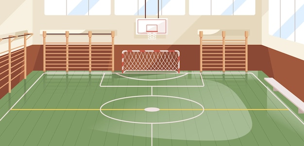 Vetor interior do ginásio da escola equipado com cesta de basquete, gol e barras de parede. pavilhão esportivo interno ou quadra com equipamentos para jogar futebol, futebol e handebol. ilustração em vetor plana colorida.