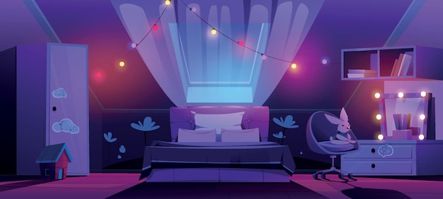 Interior do quarto da menina no sótão à mansarda à noite