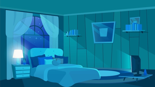 Interior do quarto em raios de luar. Cama enorme com almofadas e cobertores da moda.