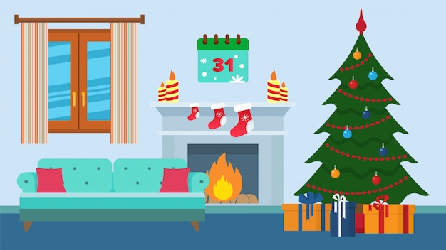Interior do quarto festivamente decorado para a celebração do feriado de ano novo de Natal.