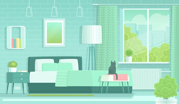Interior do quarto pela manhã. cama, mesa de cabeceira e abajur. ilustração vetorial em estilo simples