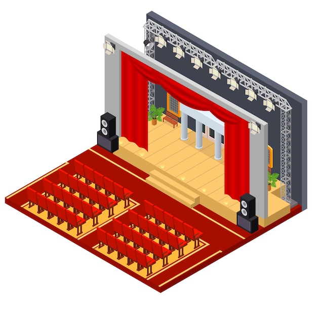 Interior do teatro com vetor de vista isométrica de móveis
