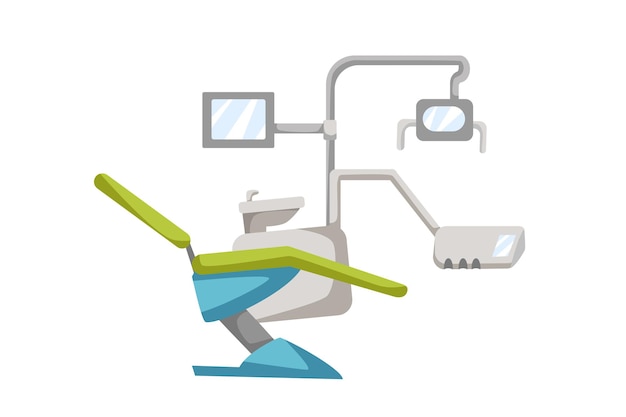 Interior dos desenhos animados do escritório vetorial dentista com luz cirúrgica de cadeira confortável e porta-ferramentas