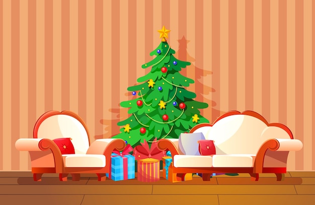Interior festivo da sala de estar de Natal na véspera do ano novo Árvore de Natal grande montanha de presentes decorações linda mobília festiva Modelo de cartão de saudação de ilustração vetorial