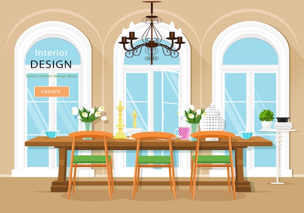 Interior gráfico vintage da sala de jantar com mesa de jantar, cadeiras e grandes janelas. ilustração do estilo simples.
