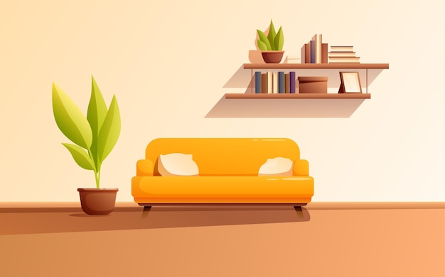 interior minimalista da sala de estar com sofá e ilustração vetorial de flores