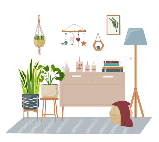 Interior minimalista em estilo escandinavo com uma prateleira, plantas, carpete, velas e um abajur.