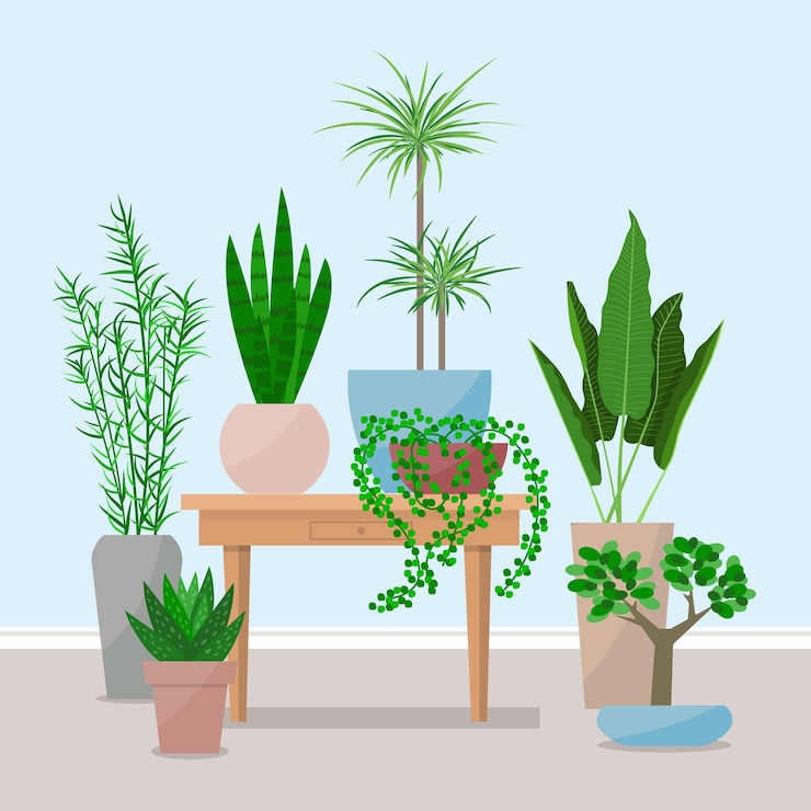 Vetor interior moderno da sala de estar com uma mesa de café e plantas de interior ilustrações vetoriais coloridas planas