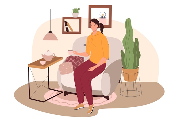 Interior moderno e confortável do conceito de web da sala de estar. Mulher tomando chá sentada na poltrona, mesa de centro, plantas, decoração