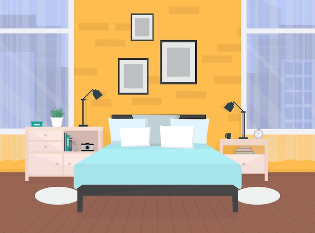 Interior moderno quarto laranja com móveis e janelas