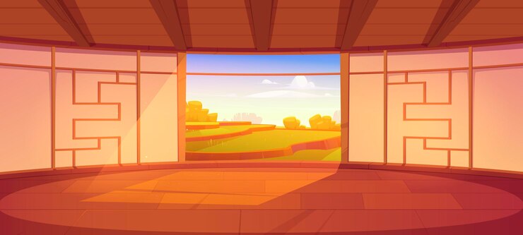 Vetor interior vazio do quarto dojo em estilo japonês para meditação ou treino de artes marciais com piso de madeira e porta aberta com vista panorâmica e pacífica na ilustração dos desenhos animados do campo de arroz asiático