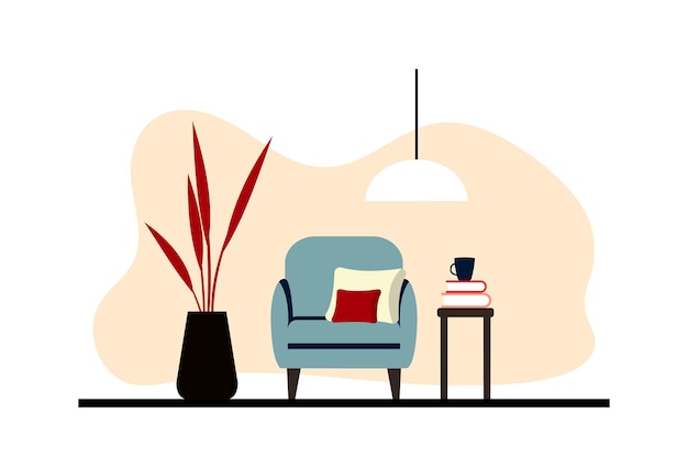Interiores elegantes de apartamentos em estilo escandinavo com decoração moderna. Acolhedora sala de estar mobilada. Ilustração em vetor plana dos desenhos animados. Móveis claros, elegantes e confortáveis com plantas de interior.