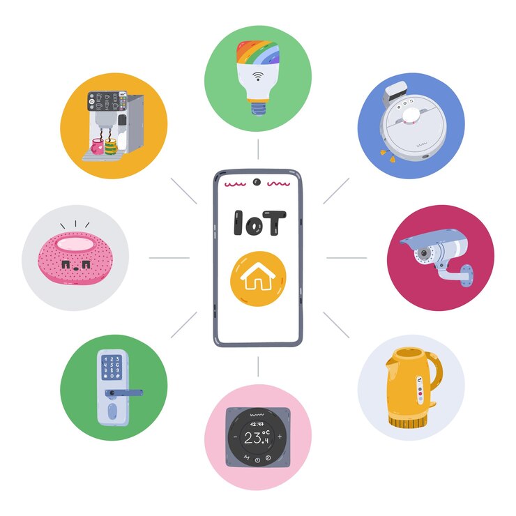 Vetor internet das coisas conceito com clipart de desenho animado de smartphone controlando casa inteligente