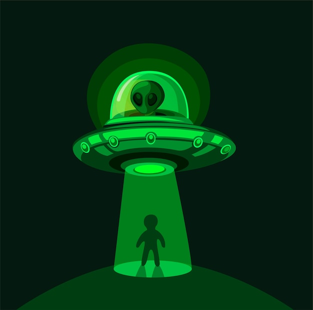 Invasão alienígena na terra. Rapto de OVNI a voar com feixe de luz no conceito de cena noturna na ilustração dos desenhos animados em quadrinhos