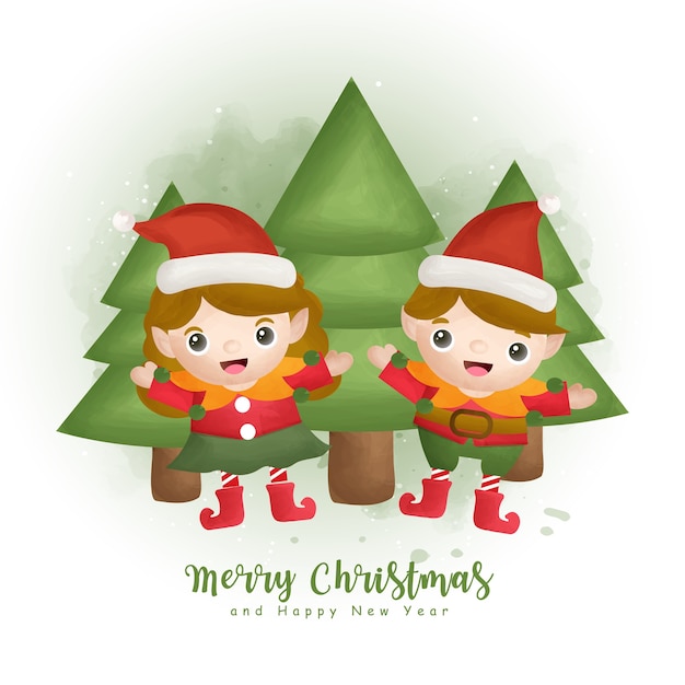 Inverno aquarela de natal com árvore de natal e duendes para cartões, convites, papel, embalagens,