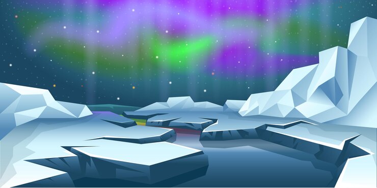 Vetor inverno ártico gelo paisagem neve montanhas colinas noite polar com aurora boreal