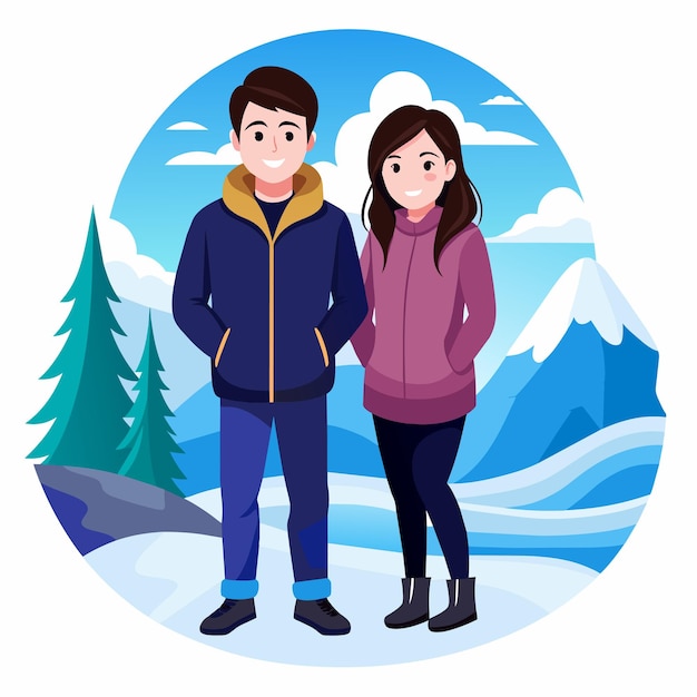 Vetor inverno casal adorável aventura roupas neve natal adesivo de personagem de desenho animado desenhado à mão
